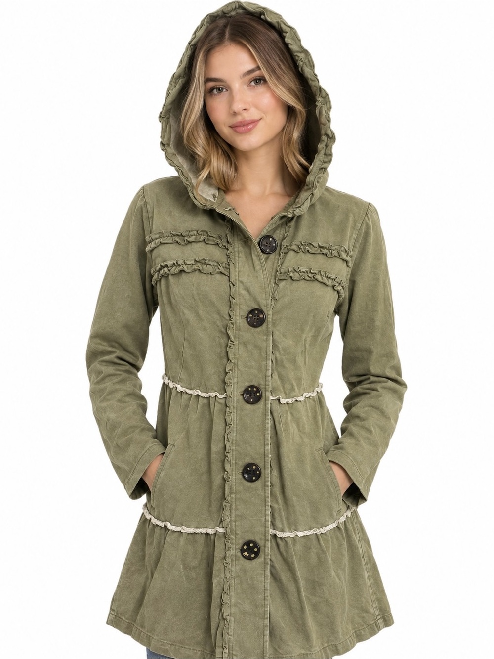 Nordstrom Olive Green Ruffle Trim Hooded Cotton Blend Long Jacket Coat NWT Sz M